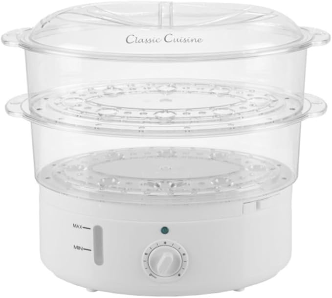 Classic Cuisine Food Steamer and Rice Cooker in one, Two-Tier Food Steamer for Healthy Meals anytime, cooks Vegetables, Fish, Dumplings, Eggs and more, 6.3 QT, Clear
