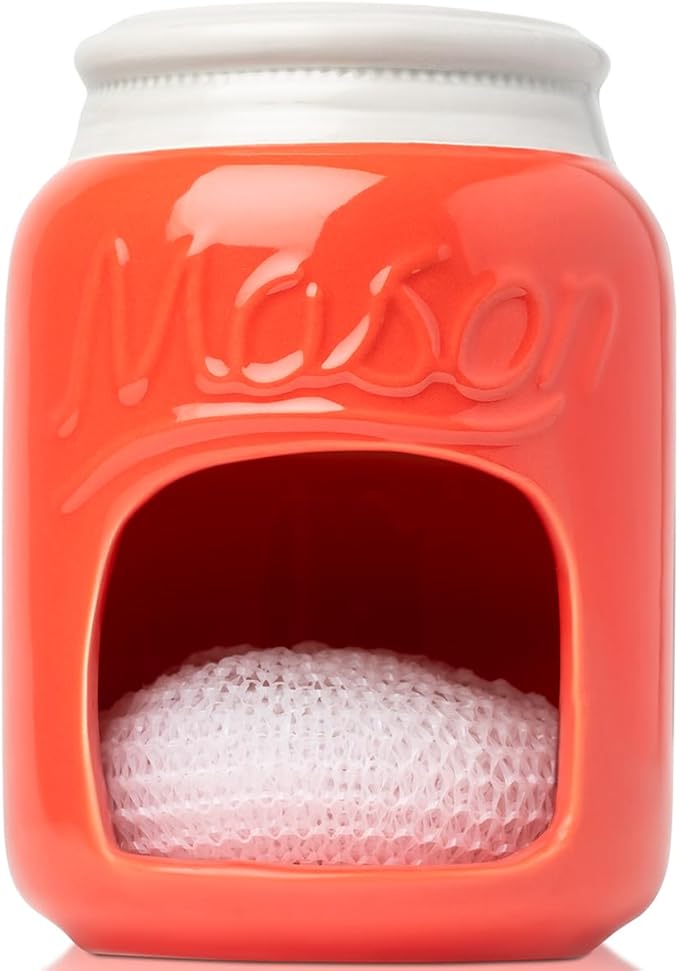 Comfify Ceramic Sponge Holder – Coral Mason Jar Sink Caddy – Farmhouse Kitchen Accessory with Free Sponge