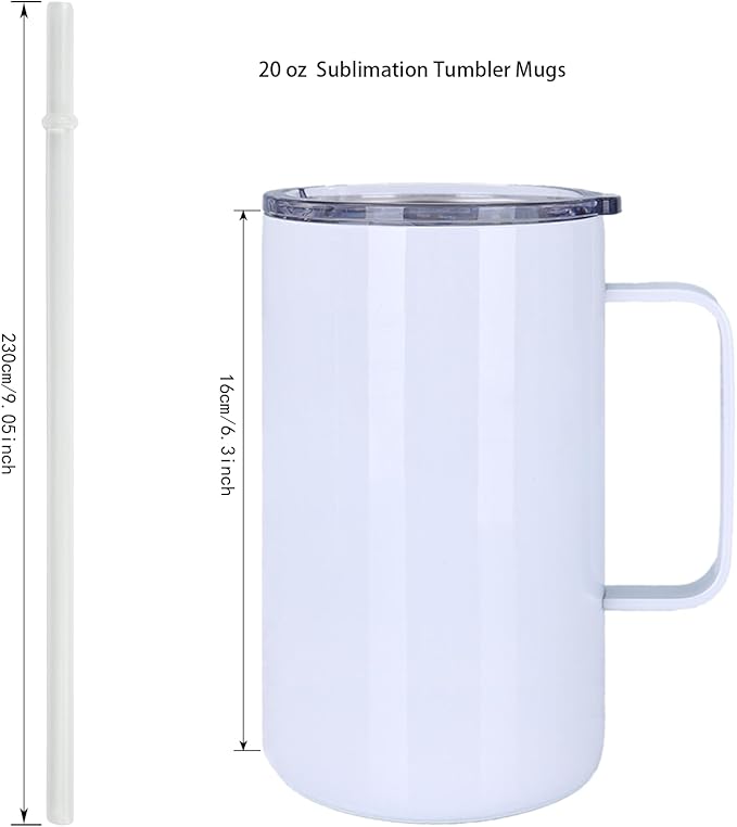 6 Pack 20 oz Sublimation Tumblers with Handle Coffee Blanks, with Lid and Straw, Straight Skinny Insulated Cup Stainless Steel Water Bottle for Craft DIY