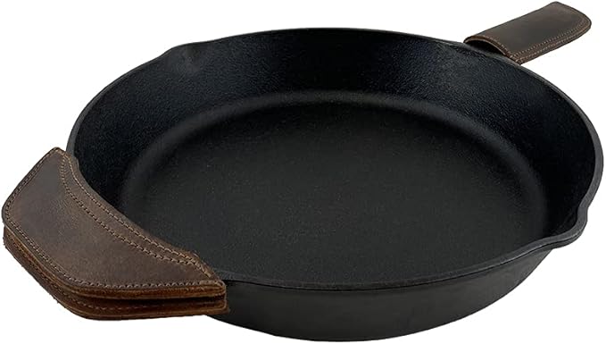 Hide & Drink, Rustic Leather Hot Handle Holders (Set of 2) Panhandle, Side Kick, Assist Grip for Cast Iron Skillets & Pans, Double Layered, Handmade (Bourbon Brown)