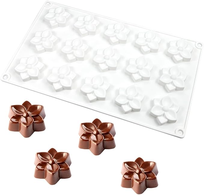 Silicone Cookie Chocolate Mold, 15-Cavity Flower Silicone Baking Mold for Oreo, Candy, Chocolate, Cookies, Mini Cakes and Jelly, Dishwasher Safe Non-Stick Food Grade Silicone Molds (C_ Flower)