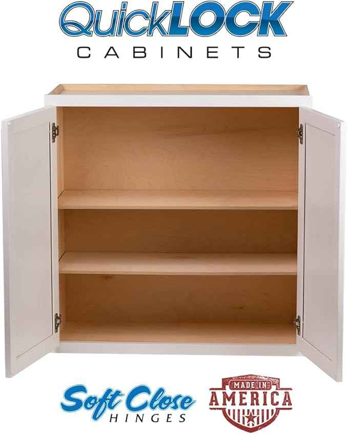 Quicklock RTA (Ready-to-Assemble) 42" Tall Wall Kitchen Cabinets - Shaker Style | 100% Hardwood | Made in America | Soft Close Hardware (Pure White, 12" D x 36" W x 42" H)