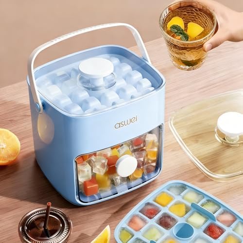 Mini Press-Type Ice Maker for Freezer + Silicone Ice Cube Trays with Lid and Bin