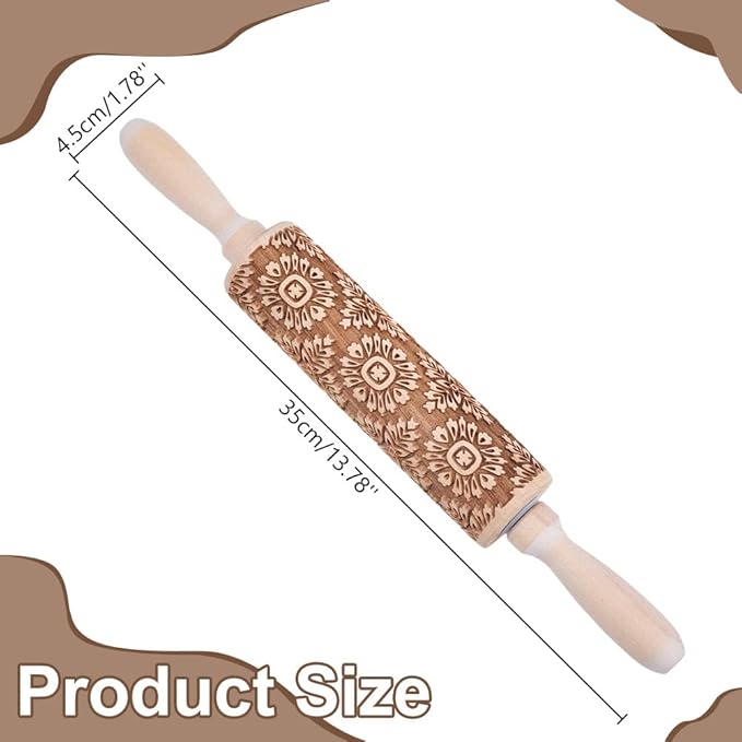 Embossed Wooden Rolling Pin Flower Print 35cm Rolling Pin for Baking Biscuits 3D Pattern DIY Kitchen Tool Baking Accessories Homemade Bakery Pastry Cookie Fondant Dough Pizza