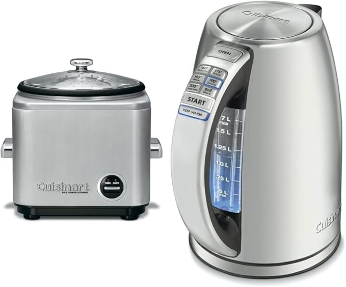 Cuisinart 8-Cup Rice Cooker, Silver & Electric Kettle, 1.7-Liter Capacity, Cordless 1500-Watts for Fast Heat Up, Stay Cool Non-Slip Handle, Stainless Steel, CPK-17P1