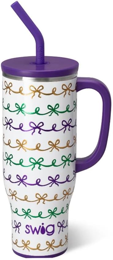 Swig Life 30oz Mega Mug, 30oz Tumbler with Handle and Straw, Large Insulated Tumblers, Cup Holder Friendly Travel Mug, Stainless Steel 30 oz Tumbler, Reusable Insulated Water Bottle (Mardi Gras Bows)