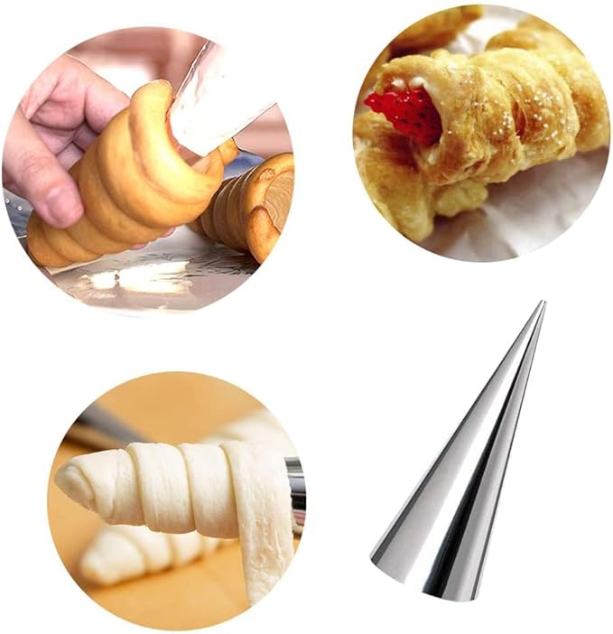 Cream Horn Molds, 16 Pack 5 Inch Pastry Roll Molds with Piping Bags Reusable, Cleaning Brush, Long Cream Icing Piping Nozzle Baking Accessories Tool for Mum and Baker