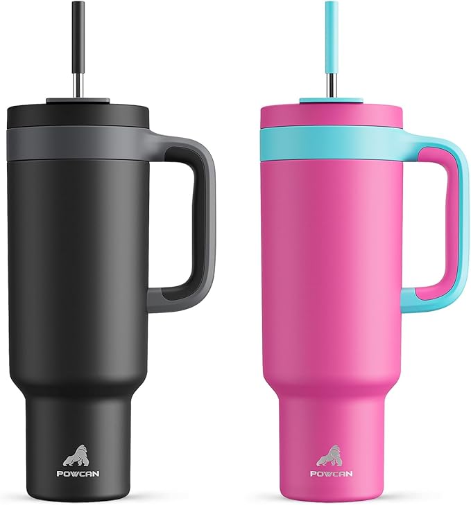 POWCAN 50 oz Tumbler with Handle 2 Pack, 2-in-1 Straw & Sip Lid, Leakproof, Dishwasher Safe, Insulated Stainless Steel Coffee Mug, Keeps Cold for 34 Hours, Fits in Car Cup Holder(Might & Barbie)