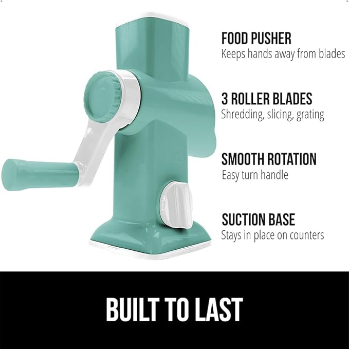 GORILLA GRIP BPA-Free Rotary Cheese Grater Hand Crank, Easy to Set Up, Strong Suction Base for Kitchen Countertop, Shred Potato, Vegetable, Nuts in Seconds, Round Mandoline Slicer, 3 Blades, Mint