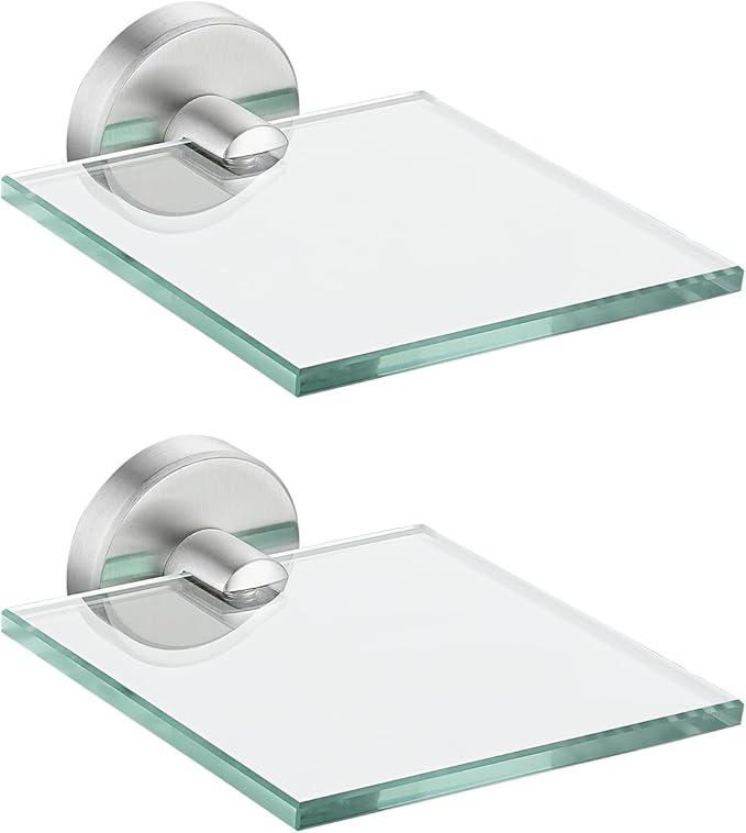 JQK Small Floating Glass Shelves Brushed, 4 Inch Display Ledges for Wall, Mini Decor, Living Room Bedroom Bathroom, Tempered Glass Shower Storage, 2 Pack, TGS101L4-BN-P2