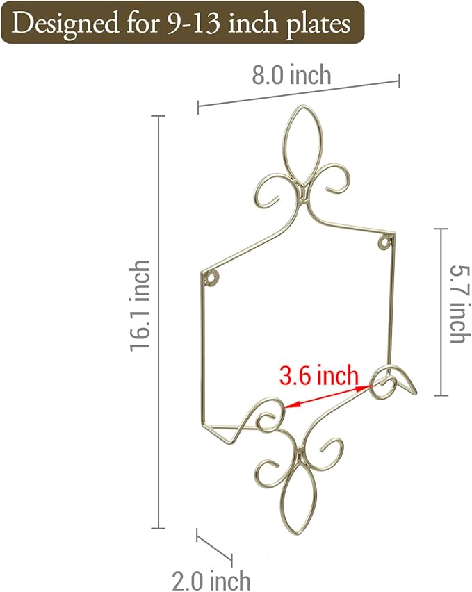 MyGift Wall Mounted Brass Tone Metal Wire Vertical Collectible Plate Holder, Decorative Vintage Scrollwork Hanging Rack Holds Single 9 to 13 Inch Plates