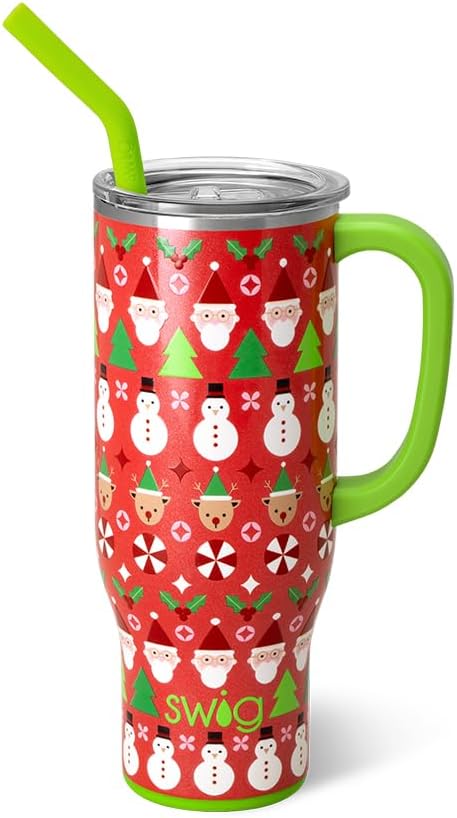 Swig Life 30oz Mega Mug, 30 oz Tumbler with Handle and Straw, Cup Holder Friendly, Dishwasher Safe, Extra Large Insulated Tumbler, Stainless Steel Water Bottle (Christmas Crew)