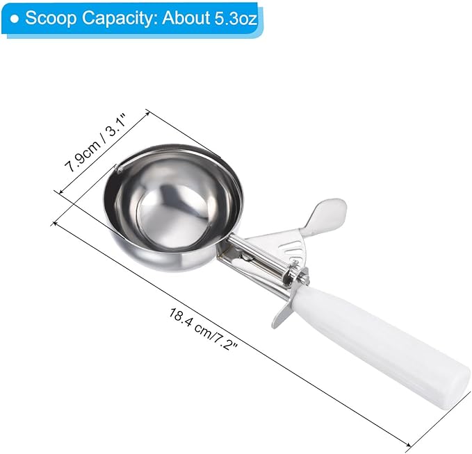 PATIKIL 5.3 Ounce Ice Cream Scoop with Trigger, Stainless Steel Portion Cookie Scoop with Thumb Trigger for Cookie Dough Cupcake Batter Baking, White 158ML