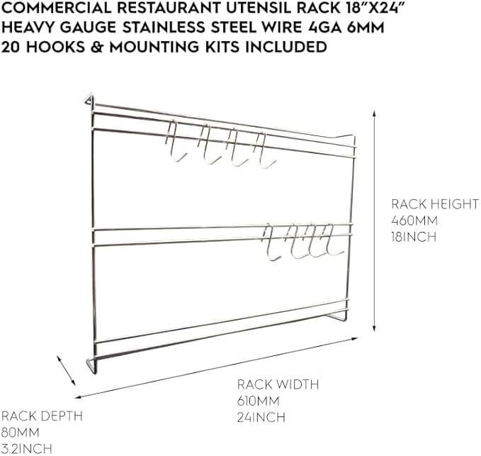 Wall Mounted Stainless Steel Wire Kitchen Utensil Rack 18"X24" with 20 Hook Hanger, Commercial Kitchen Organizing Shelving Storage for Pots, Pans, Cookware in Restaurant