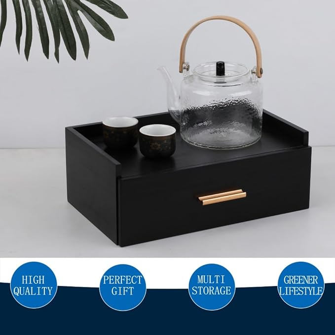 Tea Organizers and Storage Box Tea Station organizer for Countertop with 4 Cotton Woven Coasters Pine Wood Tea Bag Organizer Drawer Teabag Holder with 8 Compartments Wooden Sugar Packet Holder（Black）