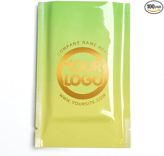 100 Pcs Custom Glossy Mini Mylar Bags, Custom Logo/Text/Barcode, Single Side One Color Print, Heat Seal Pouches with Tear Notches for Food, Small Business, Retail (Yellow Glossy, 10 * 15CM/4.0"*6.0")