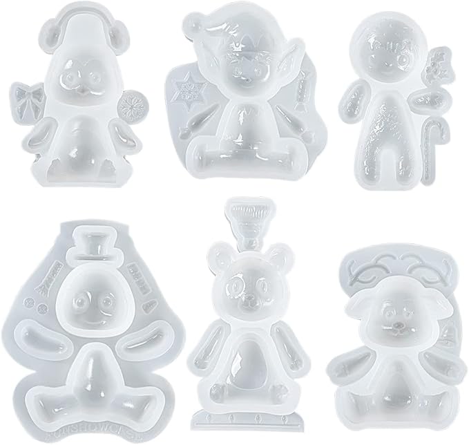 FUNSHOWCASE Christmas Silicone Molds Penguin Reindeer Snowman Gingerbread Man Santa Elf Bear Height 3-4inch for Fondant Cake Decoration Cupcake Topper Epoxy Resin Casting Polymer Clay Craft