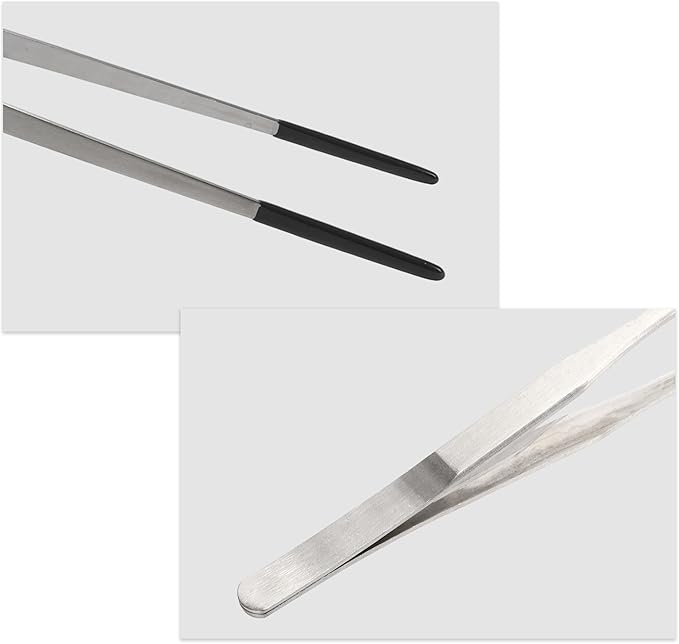 Reptile Stainless Steel Lizard Aquarium Straight Feeding Tweezers with Rubber Tip, Terrarium Feeding Tongs, 14.96" L, Black Silver Tone