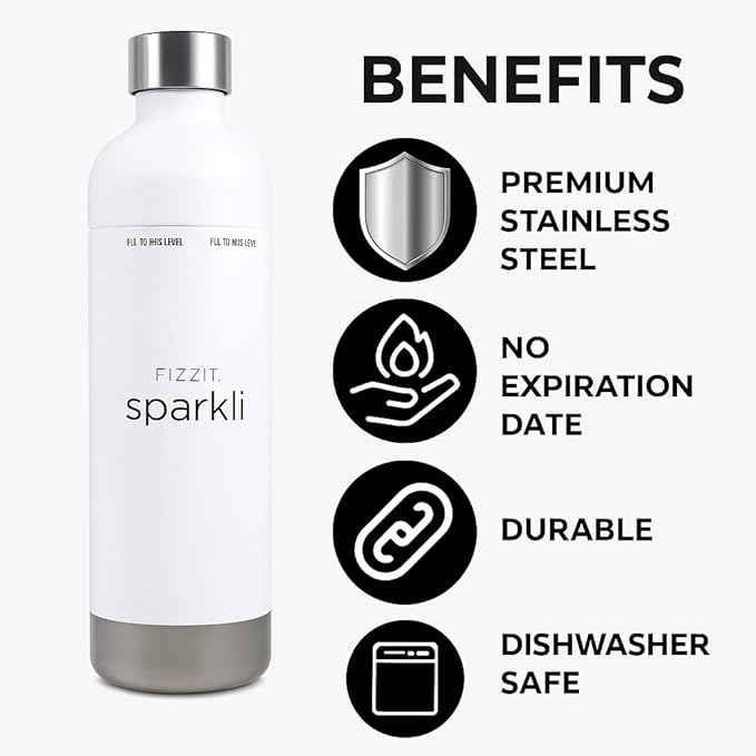 FIZZIT Spärkli 1L Stainless Steel Carbonating Bottle | Compatible with Aarke II & III, Philips GoZero & Monten Soda Makers | Reusable Sparkling Water Bottle, Dishwasher Safe, BPA-Free-Eco-Friendly