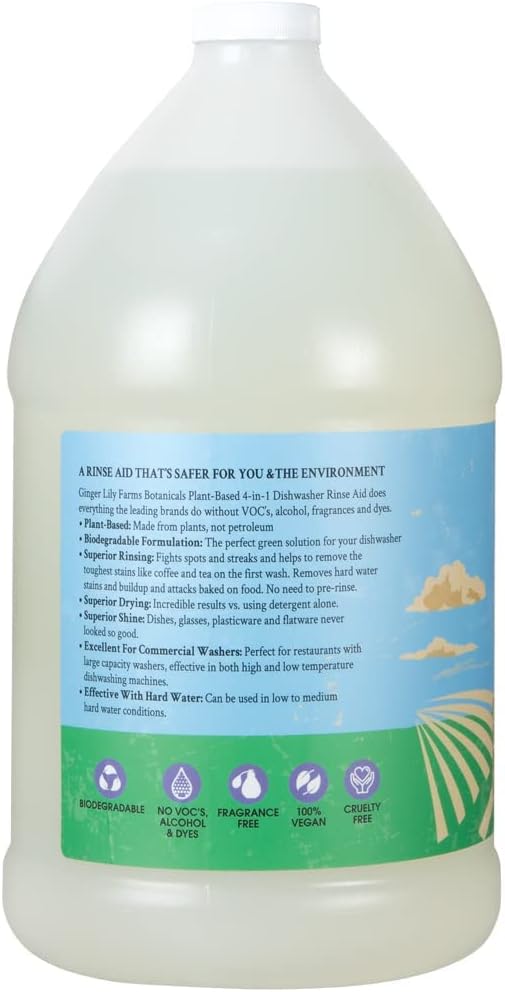 Ginger Lily Farms Botanicals Plant-Based 4-In-1 Dishwasher Rinse Aid, 100% Vegan & Cruelty-Free, Fragrance Free, 1 Gallon (Pack of 4)