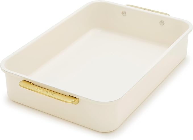 GreenPan Bakeware 13” x 9” Rectangular Cake Pan, Ceramic Nonstick Baking Pan, PFAS & BPA Free, Gold Handles, Durable Steel, Freezer to Oven Dish, Scratch Resistant, Bake & Roast Ovenware, Cream