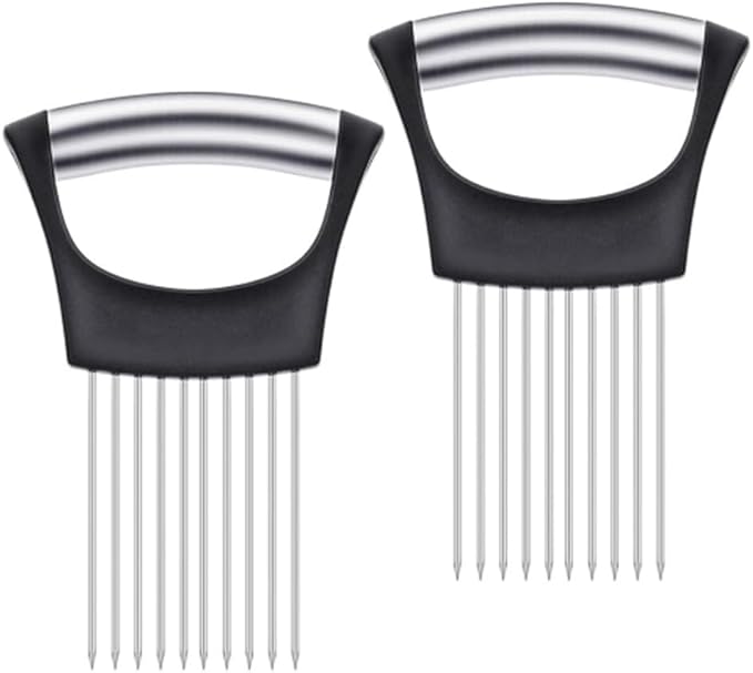 2Pcs onion slicer， Kitchen Prong Slicer for Vegetables and Meat, Stainless Steel Tines with Safety Handle, Black (2)
