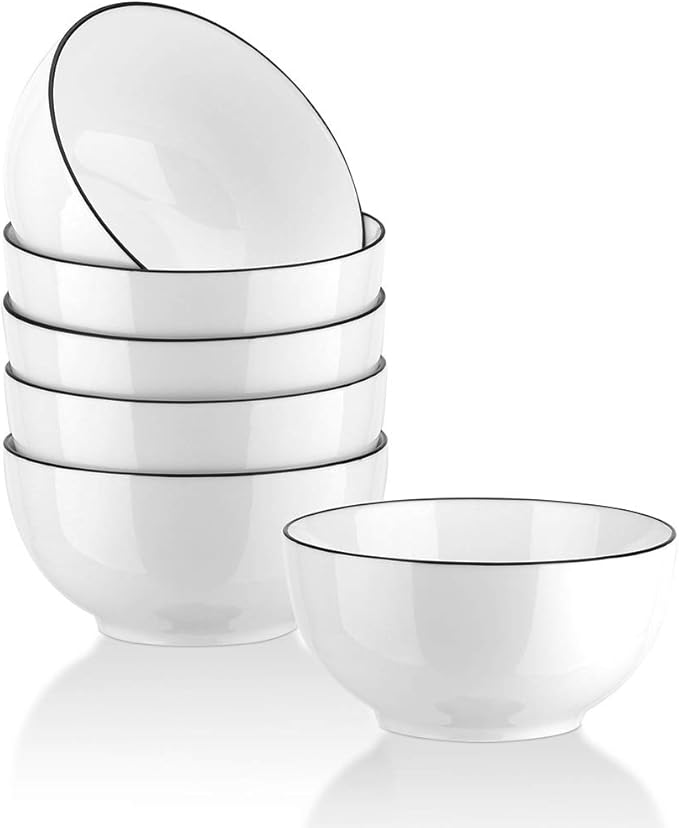 YOLIFE 26 Ounce Cereal Bowls, Ceramic Soup Bowls Set of 6, 6 inch White Salad Bowl for Breakfast, Oatmeal, Rice, Pasta, Dishwasher Microwave Oven Safe(Black Trim)
