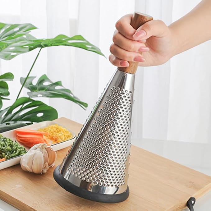 Ciieeo Stainless Steel Vegetable Grater with Wooden Handle - 3-Sided Cone Cheese and Fruit Shredder for Kitchen Use