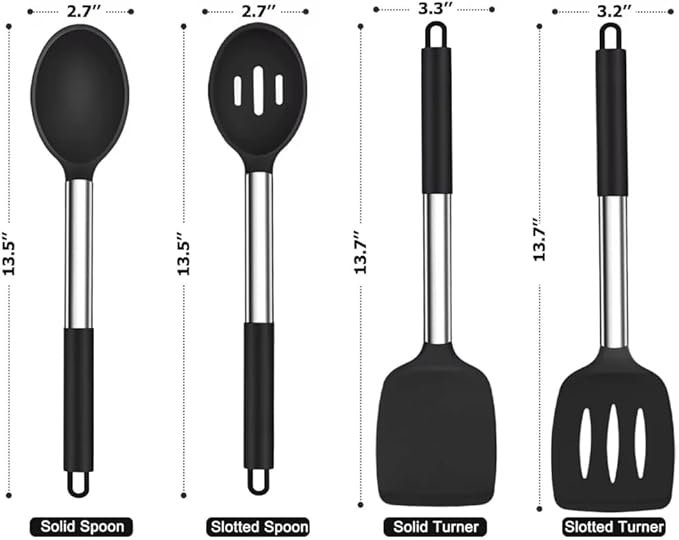 Pack of 4 Silicone Cooking Utensils Set, Non Stick, Heat Resistent Large Solid Spatulas, Slotted Spoons, BPA Free, Kitchen Turners for Frying, Mixing,Serving,Draining,Turning,Stirring