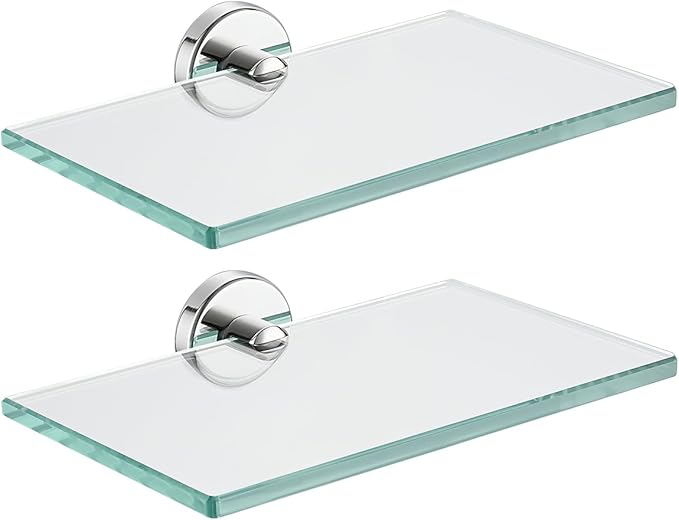 JQK Bathroom Glass Shelf Chrome, Tempered Glass Shower Storage 8 by 5 inches, 304 Stainless Steel Polished Chrome Wall Mount 2 Pack, TGS101L8-CH-P2