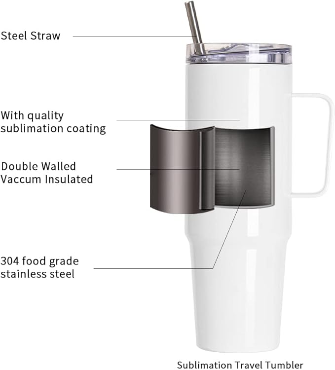 PYD Life 4 Pack Sublimation Tumblers with Handle Blanks 36 OZ White Coffee Mugs Insulated Reusable Travel Cups with Leakproof Lid and Stainless Straw for Tumbler Heat Press