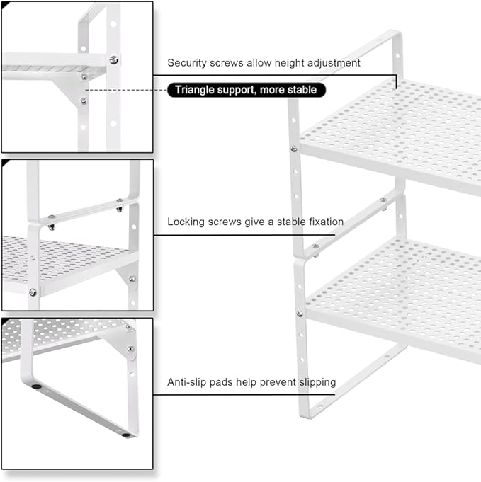 Expandable Cabinet Shelf Organizer, Stackable Pantry Cabinet Counter Under Sink Shelves Inside Cabinet Storage for Kitchen Bathroom Office, 2 Packs, White