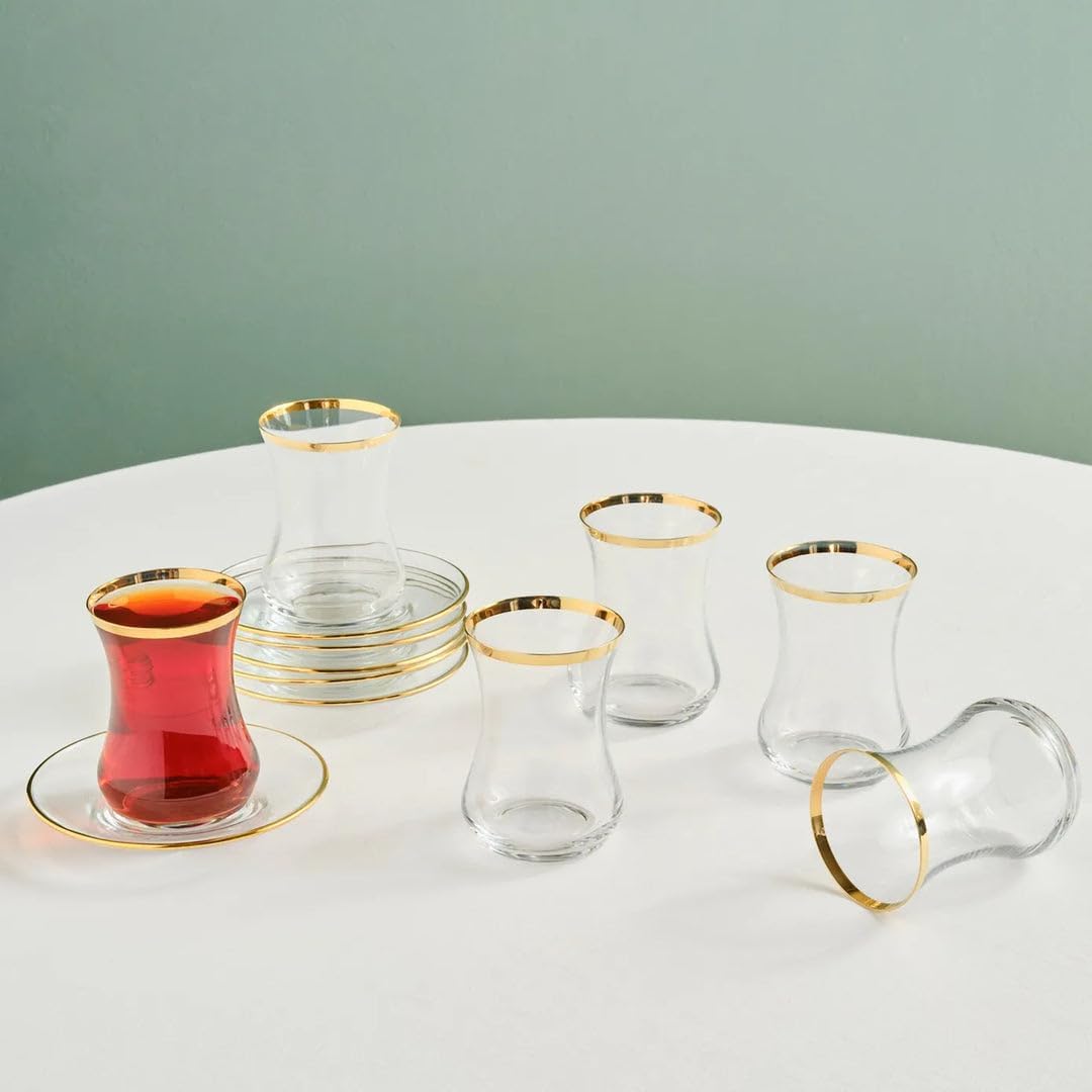 KARACA Sydney Glass Turkish Tea Set for 6 People, Gold, 12 Pieces Tea Service, 6 Turkish Tea Glasses with Saucers, Glass, 5.4 fl oz Tea Plates/Saucers
