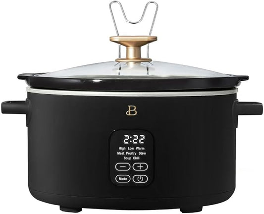 Beautiful 6 Qt Programmable Slow Cooker by Drew Barrymore -5 Preset Cooking Functions, Digital Countdown Timer, Dishwasher-Safe Parts and Cool-Touch Handles (Black Sesame)