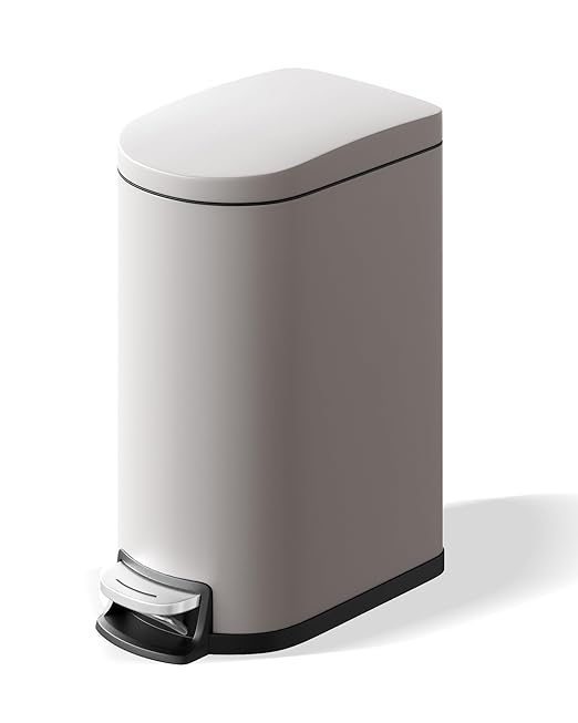 GarveeHome 2.6 Gallon Bathroom Trash Can, Space-Saving Slim Stainless Steel Step-On Garbage Bin with Soft Close Lid, Removable Inner Bucket for Bathroom & Bedroom,Grey