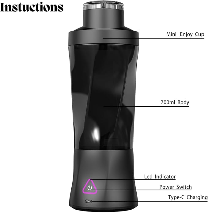 Portable Juicer Blender, USB Rechargeable Smoothie Maker with 6 Upgraded Blades and 6000mAh Battery, 700ml/24oz Capacity, Ideal for Smoothies, Protein Shakes, Travel and Office (Black)