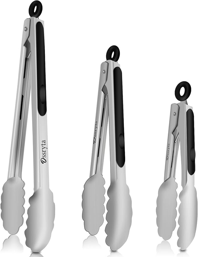 Stainless Steel Cooking Tongs Set of 3 - Heavy Duty 12/9/7 Inch Locking Tongs, Heat Resistant to 600 Degrees, Food Grade Kitchen Metal Tong for Food, Salad, & BBQ - Dishwasher Safe
