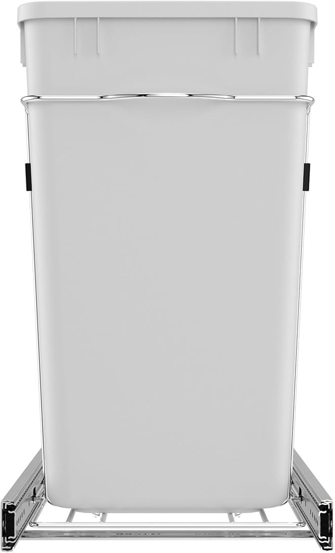 Rev-A-Shelf Pullout Trash Can for Under Kitchen Cabinets 27 Qt Garbage Waste Recycling Bin with Full Extension Slides, White, RV-15KD-11C S