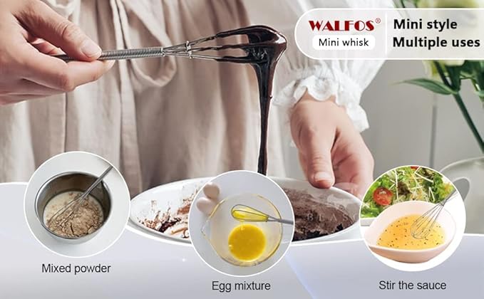 Walfos Mini Whisks Stainless Steel 6pcs; 7" - Small Whisk for Whisking, Beating Eggs, Mixing Sauces, Blending Ingredients
