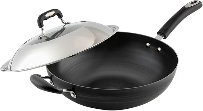 Wok Pan with Lid Nonstick Wok 34cm, Carbon Steel Woks Stir-Fry Pans, No Chemical Coated Flat Bottom Chinese Wok, for Electric, Induction and Gas Stoves