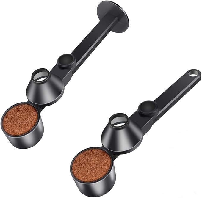 2 Pcs Coffee Scoop & Funnel for Reusable K-Cup Pods, 2Tbsp Dosing Spoon, 51mm Espresso Tamper, BPA-Free PCTG, Dishwasher Safe, Fits Espresso Machines, For Coffee & Protein Powder, Black, 2 Models A&B