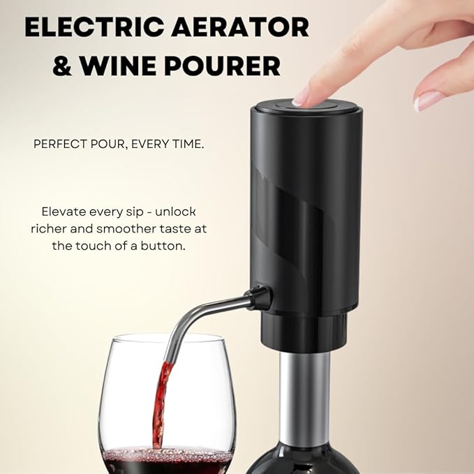 Rechargeable Electric Automatic Wine Bottle Opener Electric Aerator Foil Cutter Vacuum Stopper Pourer 7in1 Wine Accessories Set w Storage Stand Sleek Design Wine Lover Gift Home Kitchen Bar Must-Have