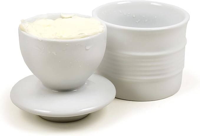 RSVP International Butter Pot 2 Piece, Dishwasher Safe, 3.5 x 3.5 x 4", White Stoneware