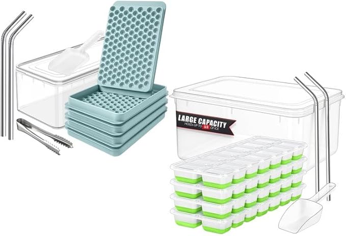 Mini Ice Cube Tray Set & Silicone Ice Cube Tray Set - 8 Trays, 2 Bins, 2 Scoops, 2 Tongs & 4 Straws