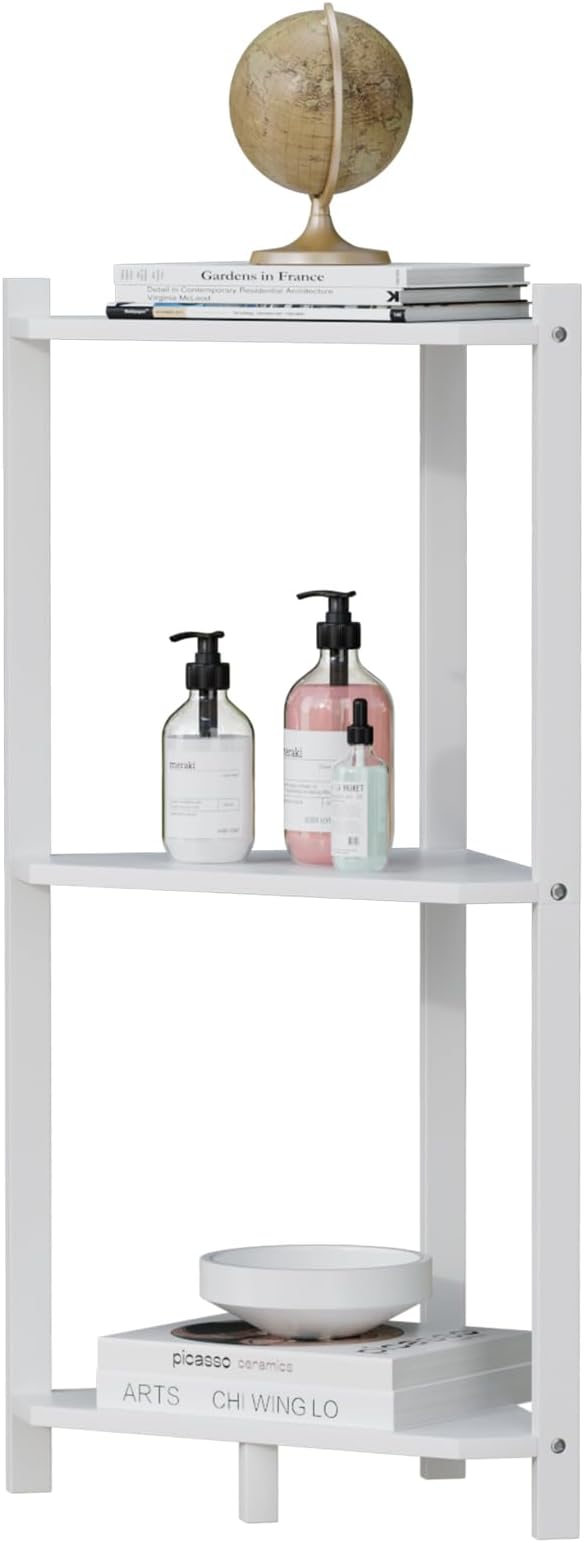 Wisuce Corner Shelf, 100% Real Bamboo Shower Corner Shelves Free Standing Shelf Storage Organizer for Bathroom Living Room Kitchen (White, 3 Tier)