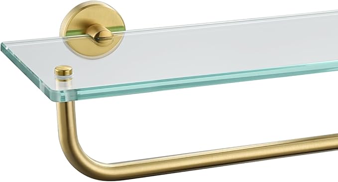JQK Bathroom Glass Shelf, Shelf with 29 Inch Towel Bar Tempered Glass Shower Storage 30 by 5 inches, 304 Stainless Steel Brushed Gold Wall Mount, TGS100L30-BG