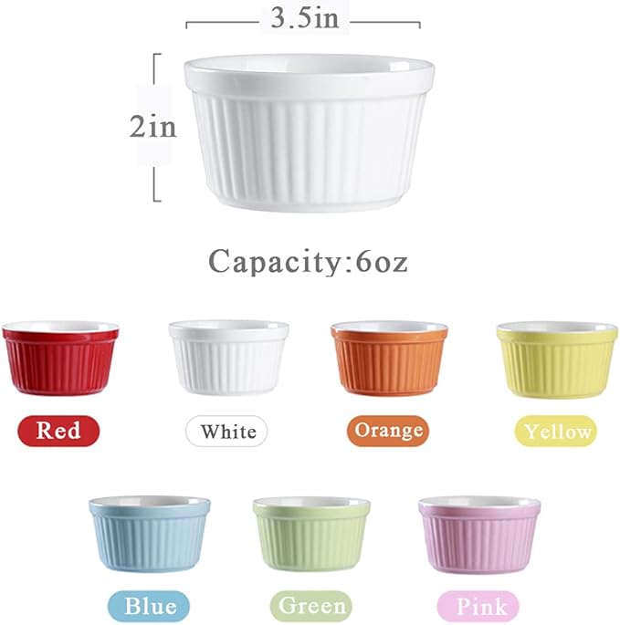 Ramekins 6oz Oven Safe, Creme Brulee Ramekin and Souffle Dishes, Porcelain Baking Bowls, Dipping Sauce Dish.Pudding Cups, Set of 6, Blue.