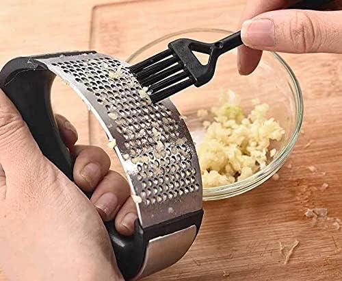 Angel's Peel Lounge Stainless Steel Garlic Press Rocker Set with Silicone Garlic Peeler & Cleaning Brush – Garlic Chopper, Mincer, Grater, Crusher – Easy for Crushed Cloves – Rust-Resistant, Black