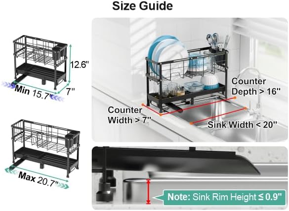 GSlife Narrow Dish Drying Rack, 2 Tier Small Dish Drainer for Kitchen Counter, Expandable Compact Dish Rack with Utensil Holder for RV/1-2 People, 15.7''-20.7''L x 7" D x 12.6" H, Black