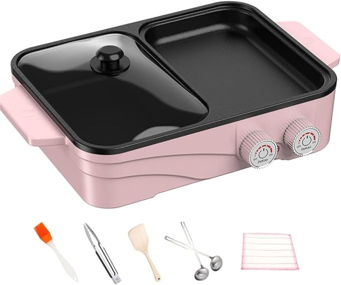 Electric Grill Indoor Hot Pot with Glass Lid & Removable Non-Stick Grill Plate,Separate Dual Temperature Contral, for 2-8 People Family Gathering Friend Meeting Party (pink)